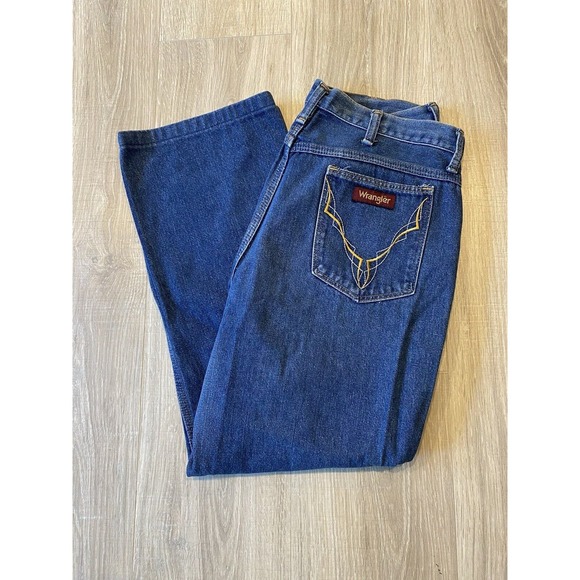 Vintage Wrangler Western Jeans Gold Embroidered Sz 34x26 Unisex Adult 80s Aztec - Picture 1 of 9